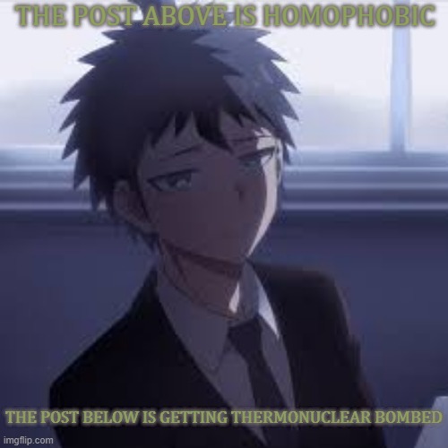signature look of superiority/business man hinata | THE POST ABOVE IS HOMOPHOBIC; THE POST BELOW IS GETTING THERMONUCLEAR BOMBED | image tagged in signature look of superiority/business man hinata | made w/ Imgflip meme maker