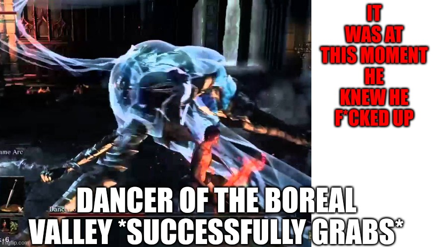 IT WAS AT THIS MOMENT HE KNEW HE F*CKED UP; DANCER OF THE BOREAL VALLEY *SUCCESSFULLY GRABS* | image tagged in dark souls | made w/ Imgflip meme maker