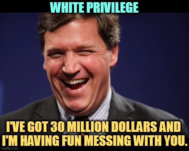 WHITE PRIVILEGE; I'VE GOT 30 MILLION DOLLARS AND 
I'M HAVING FUN MESSING WITH YOU. | image tagged in tucker carlson,white,white privilege,rich,playing,you | made w/ Imgflip meme maker
