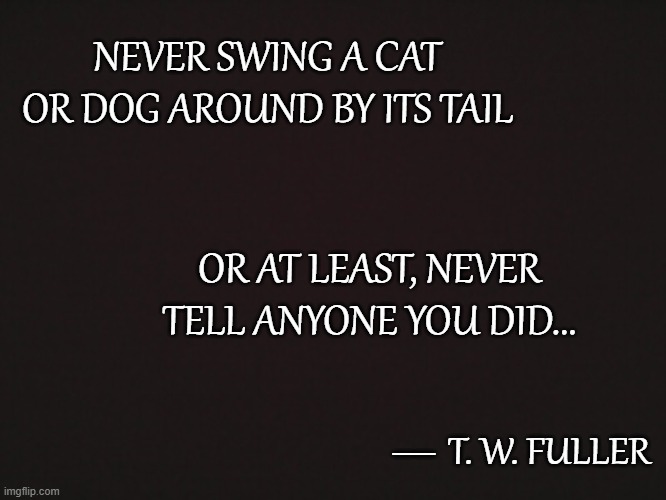 Quotable Quotes 7 | NEVER SWING A CAT OR DOG AROUND BY ITS TAIL; OR AT LEAST, NEVER TELL ANYONE YOU DID... __; T. W. FULLER | image tagged in blank template,quotes,quotable quotes,cats,dogs,animals | made w/ Imgflip meme maker