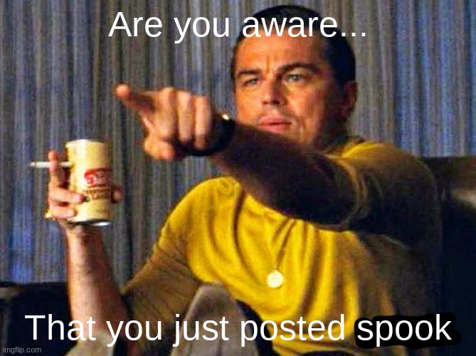aaaaawww yeah | Are you aware... That you just posted spook | image tagged in leonardo dicaprio pointing at tv | made w/ Imgflip meme maker