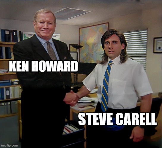 Ken Howard & steve carell | KEN HOWARD; STEVE CARELL | image tagged in steve carell,ken howard,the office handshake | made w/ Imgflip meme maker