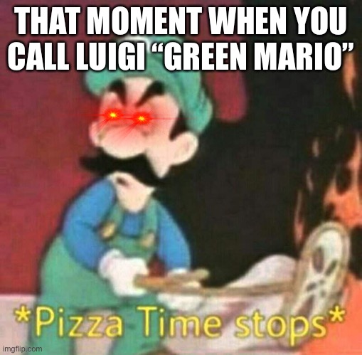 It’s almost the tenth year anniversary of Luigi’s year | THAT MOMENT WHEN YOU CALL LUIGI “GREEN MARIO” | image tagged in pizza time stops | made w/ Imgflip meme maker