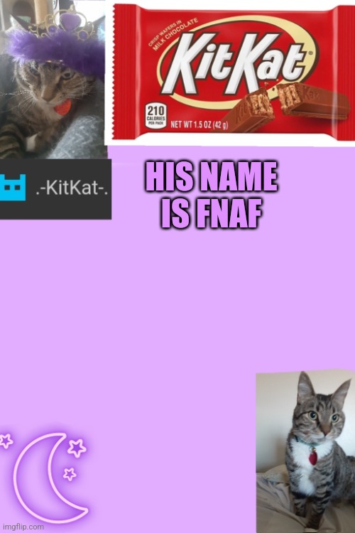 Kittys announcement template kitkat addition | HIS NAME IS FNAF | image tagged in kittys announcement template kitkat addition | made w/ Imgflip meme maker