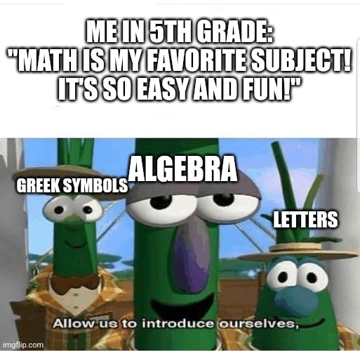 Are you sure now lil me? Try finding X | ME IN 5TH GRADE: "MATH IS MY FAVORITE SUBJECT! IT'S SO EASY AND FUN!"; ALGEBRA; GREEK SYMBOLS; LETTERS | image tagged in allow us to introduce ourselves | made w/ Imgflip meme maker