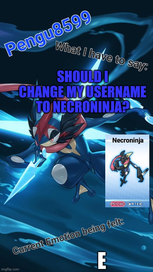 Should I change my username? | SHOULD I CHANGE MY USERNAME TO NECRONINJA? E | image tagged in pokemon | made w/ Imgflip meme maker