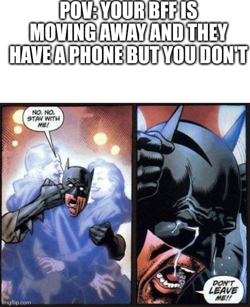 DON'T LEAVE ME YET! NOOOO | POV: YOUR BFF IS MOVING AWAY AND THEY HAVE A PHONE BUT YOU DON'T | image tagged in blank white template,batman don't leave me | made w/ Imgflip meme maker