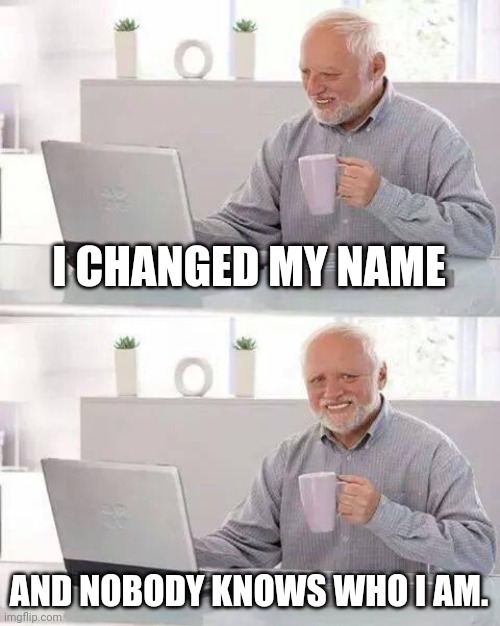 Flawless plan. | I CHANGED MY NAME; AND NOBODY KNOWS WHO I AM. | image tagged in memes,hide the pain harold | made w/ Imgflip meme maker