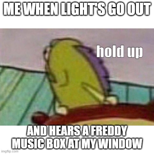 hold up wait a minute | ME WHEN LIGHT'S GO OUT; hold up; AND HEARS A FREDDY MUSIC BOX AT MY WINDOW | image tagged in fish looking back | made w/ Imgflip meme maker