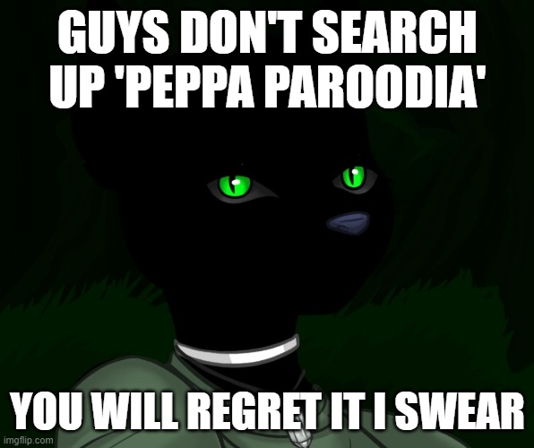 My new panther fursona | GUYS DON'T SEARCH UP 'PEPPA PAROODIA'; YOU WILL REGRET IT I SWEAR | image tagged in my new panther fursona | made w/ Imgflip meme maker