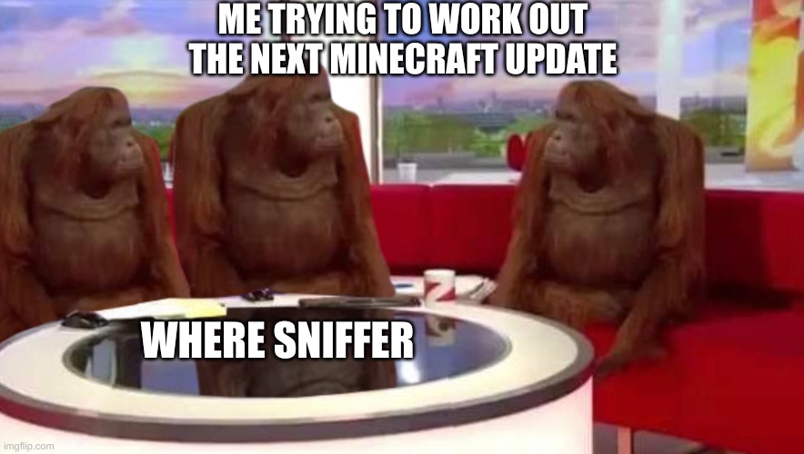 where monkey | ME TRYING TO WORK OUT THE NEXT MINECRAFT UPDATE; WHERE SNIFFER | image tagged in where monkey | made w/ Imgflip meme maker