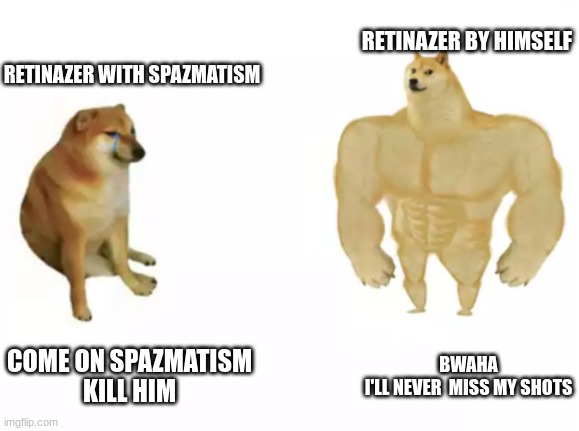 buff doge vs cheems reversed | RETINAZER BY HIMSELF; RETINAZER WITH SPAZMATISM; COME ON SPAZMATISM
KILL HIM; BWAHA
I'LL NEVER  MISS MY SHOTS | image tagged in buff doge vs cheems reversed | made w/ Imgflip meme maker