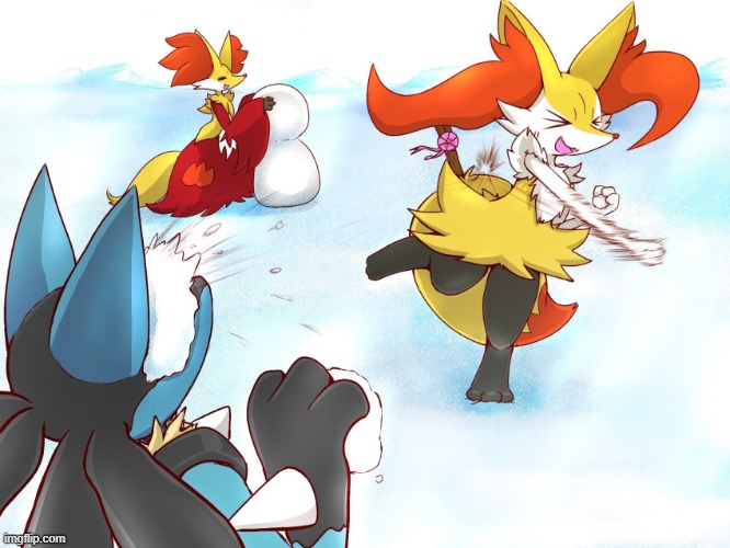 GRENADE OUT (gn) | image tagged in lucario,delphox,braixen | made w/ Imgflip meme maker