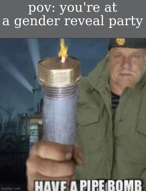 Have a pipe bomb | pov: you're at a gender reveal party | image tagged in have a pipe bomb | made w/ Imgflip meme maker