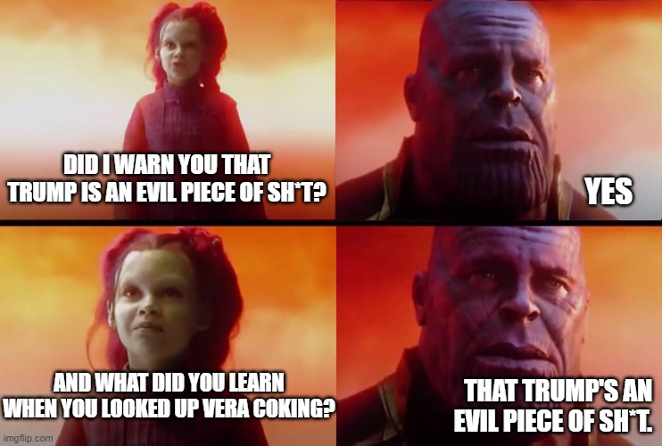 Does character actually matter to you or is it just a convenient bludgeon to be discarded at end of use? | DID I WARN YOU THAT TRUMP IS AN EVIL PIECE OF SH*T? YES; AND WHAT DID YOU LEARN WHEN YOU LOOKED UP VERA COKING? THAT TRUMP'S AN EVIL PIECE OF SH*T. | image tagged in thanos what did it cost | made w/ Imgflip meme maker