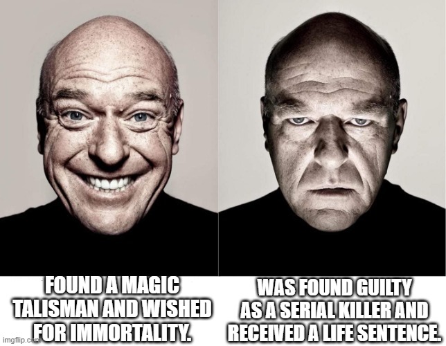 breaking bad smile frown | FOUND A MAGIC TALISMAN AND WISHED FOR IMMORTALITY. WAS FOUND GUILTY AS A SERIAL KILLER AND RECEIVED A LIFE SENTENCE. | image tagged in breaking bad smile frown | made w/ Imgflip meme maker