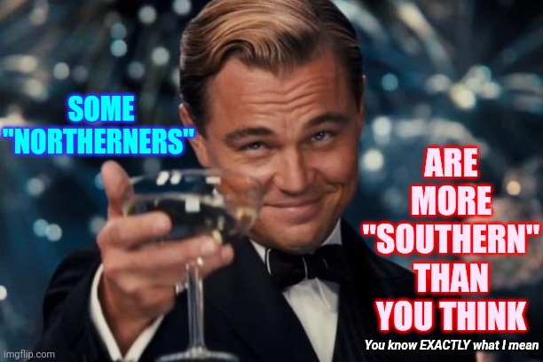 We ALL Know What It Means.  No Need To Pretend We Dont |  ARE MORE "SOUTHERN" THAN YOU THINK; SOME "NORTHERNERS"; You know EXACTLY what I mean | image tagged in memes,leonardo dicaprio cheers,racists,white supremacists,dumbasses,north and south | made w/ Imgflip meme maker