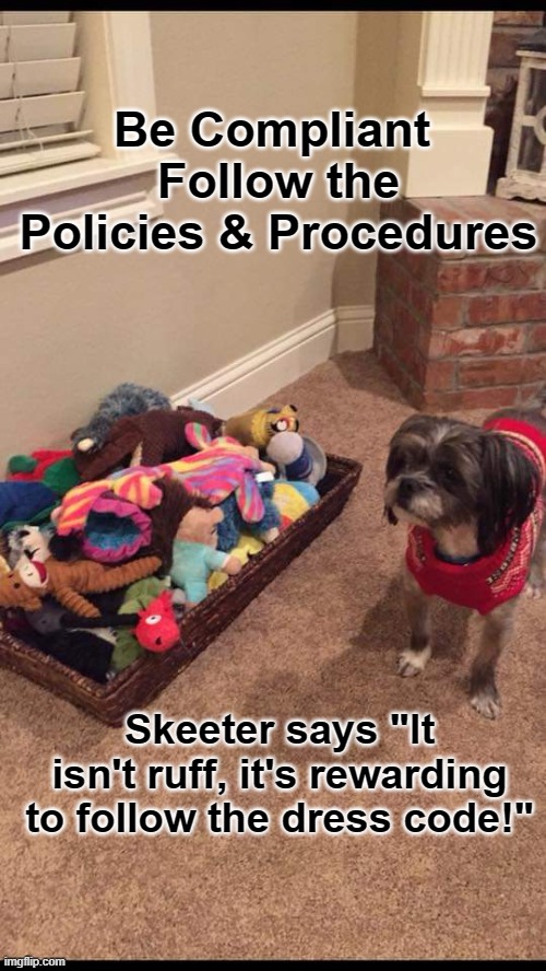 Skeeter Says | Be Compliant 
Follow the
Policies & Procedures; Skeeter says "It isn't ruff, it's rewarding to follow the dress code!" | image tagged in funny memes | made w/ Imgflip meme maker