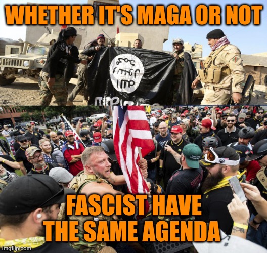 Proud boys is Isis | WHETHER IT'S MAGA OR NOT FASCIST HAVE THE SAME AGENDA | image tagged in proud boys is isis | made w/ Imgflip meme maker