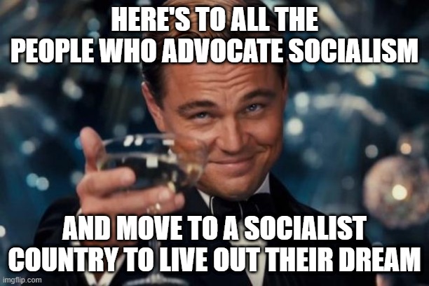 Test it on yourselves first before trying it out on us! | HERE'S TO ALL THE PEOPLE WHO ADVOCATE SOCIALISM; AND MOVE TO A SOCIALIST COUNTRY TO LIVE OUT THEIR DREAM | image tagged in memes,leonardo dicaprio cheers,socialism | made w/ Imgflip meme maker