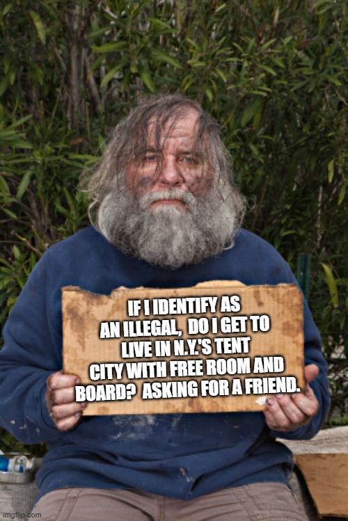 Well . . . what about it leftists? | IF I IDENTIFY AS AN ILLEGAL,  DO I GET TO LIVE IN N.Y.'S TENT CITY WITH FREE ROOM AND BOARD?  ASKING FOR A FRIEND. | image tagged in blak homeless sign | made w/ Imgflip meme maker