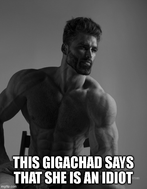 Giga Chad | THIS GIGACHAD SAYS THAT SHE IS AN IDIOT | image tagged in giga chad | made w/ Imgflip meme maker