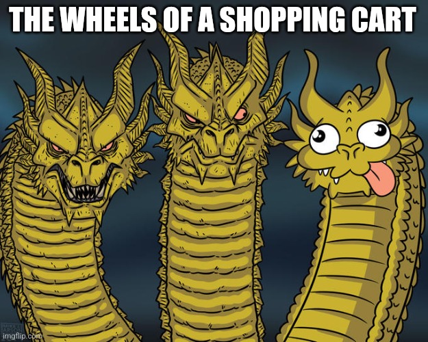 Three-headed Dragon | THE WHEELS OF A SHOPPING CART | image tagged in three-headed dragon | made w/ Imgflip meme maker