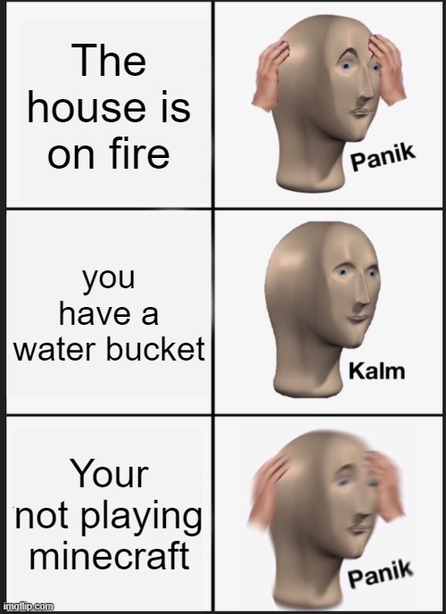 Panik Kalm Panik Meme | The house is on fire; you have a water bucket; Your not playing minecraft | image tagged in memes,panik kalm panik | made w/ Imgflip meme maker