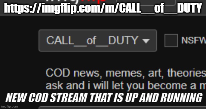 calling all cod gamers | https://imgflip.com/m/CALL__of__DUTY; NEW COD STREAM THAT IS UP AND RUNNING | image tagged in call of duty,stream,new | made w/ Imgflip meme maker