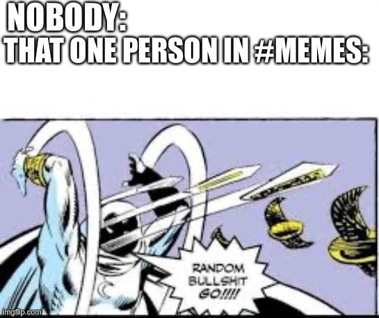 That one person | NOBODY:; THAT ONE PERSON IN #MEMES: | image tagged in random bullshit go,memes,discord | made w/ Imgflip meme maker