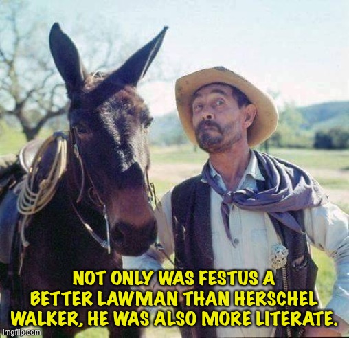 If you followed Gunsmoke, you already get the joke. | NOT ONLY WAS FESTUS A BETTER LAWMAN THAN HERSCHEL WALKER, HE WAS ALSO MORE LITERATE. | image tagged in festus | made w/ Imgflip meme maker