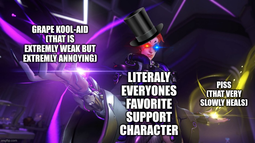 Basically Moira | GRAPE KOOL-AID (THAT IS EXTREMLY WEAK BUT EXTREMLY ANNOYING); LITERALY EVERYONES FAVORITE SUPPORT CHARACTER; PISS (THAT VERY SLOWLY HEALS) | image tagged in moira overwatch | made w/ Imgflip meme maker