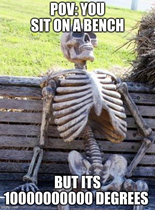 Waiting Skeleton | POV: YOU SIT ON A BENCH; BUT ITS 10000000000 DEGREES | image tagged in memes,waiting skeleton | made w/ Imgflip meme maker