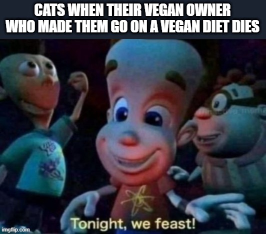 Vegan moment | CATS WHEN THEIR VEGAN OWNER WHO MADE THEM GO ON A VEGAN DIET DIES | image tagged in tonight we feast,funny cats,vegans,jimmy neutron | made w/ Imgflip meme maker