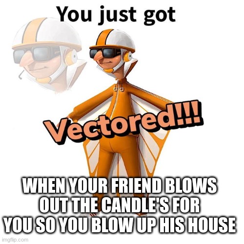 You just got Vectored | WHEN YOUR FRIEND BLOWS OUT THE CANDLE'S FOR YOU SO YOU BLOW UP HIS HOUSE | image tagged in you just got vectored | made w/ Imgflip meme maker