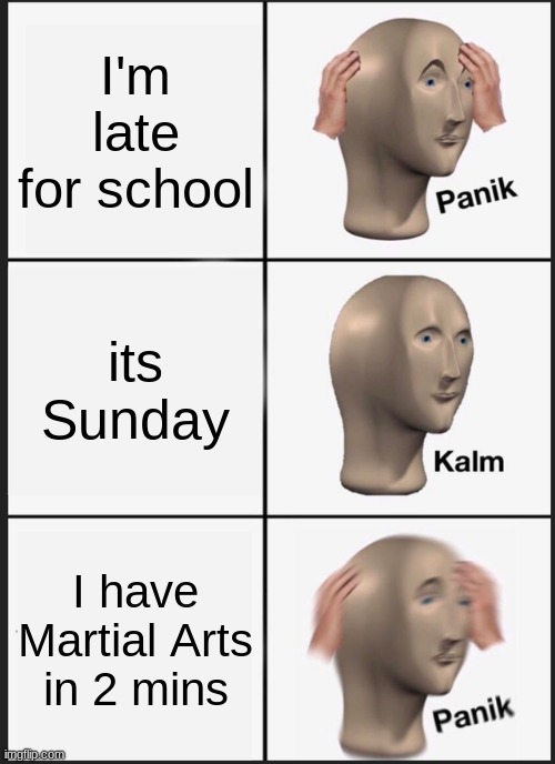 Panik Kalm Panik | I'm late for school; its Sunday; I have Martial Arts in 2 mins | image tagged in memes,panik kalm panik | made w/ Imgflip meme maker