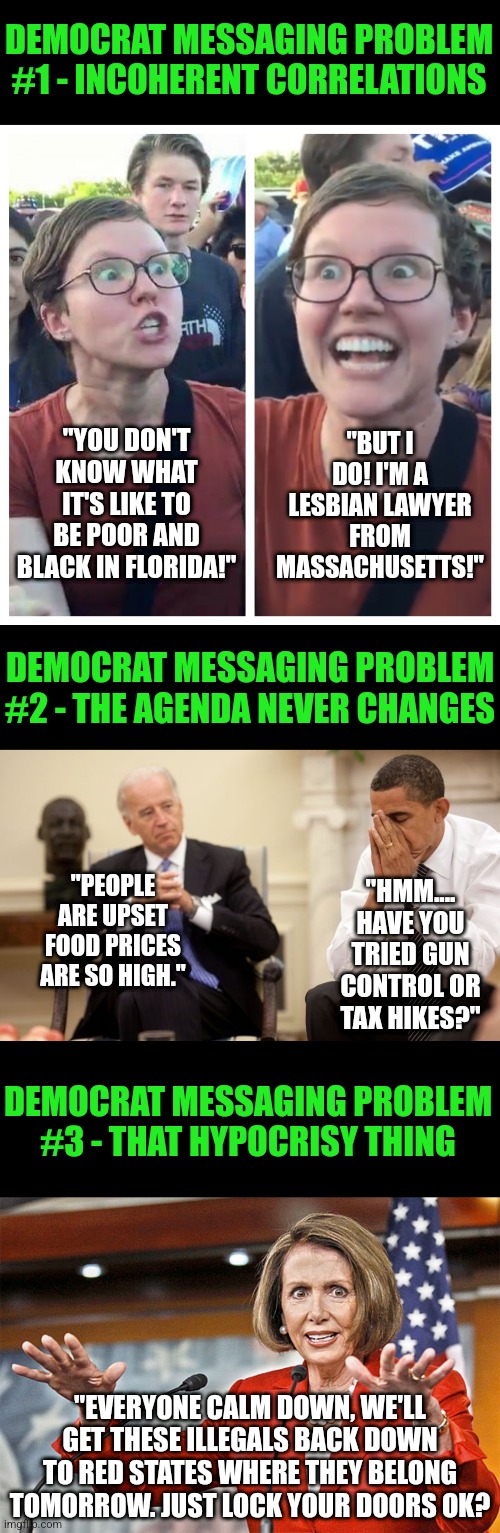 Democrat messaging problems... | DEMOCRAT MESSAGING PROBLEM #1 - INCOHERENT CORRELATIONS; "BUT I DO! I'M A LESBIAN LAWYER FROM MASSACHUSETTS!"; "YOU DON'T KNOW WHAT IT'S LIKE TO BE POOR AND BLACK IN FLORIDA!"; DEMOCRAT MESSAGING PROBLEM #2 - THE AGENDA NEVER CHANGES; "PEOPLE ARE UPSET FOOD PRICES ARE SO HIGH."; "HMM.... HAVE YOU TRIED GUN CONTROL OR TAX HIKES?"; DEMOCRAT MESSAGING PROBLEM #3 - THAT HYPOCRISY THING; "EVERYONE CALM DOWN, WE'LL GET THESE ILLEGALS BACK DOWN TO RED STATES WHERE THEY BELONG TOMORROW. JUST LOCK YOUR DOORS OK? | image tagged in hypocrite liberal,biden obama,nancy pelosi is crazy,democrats,message,first world problems | made w/ Imgflip meme maker