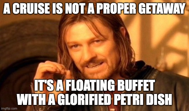 Cruise ship | A CRUISE IS NOT A PROPER GETAWAY; IT'S A FLOATING BUFFET WITH A GLORIFIED PETRI DISH | image tagged in memes,one does not simply | made w/ Imgflip meme maker