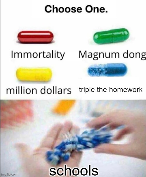 how to school | triple the homework; schools | image tagged in choose one of the pills | made w/ Imgflip meme maker
