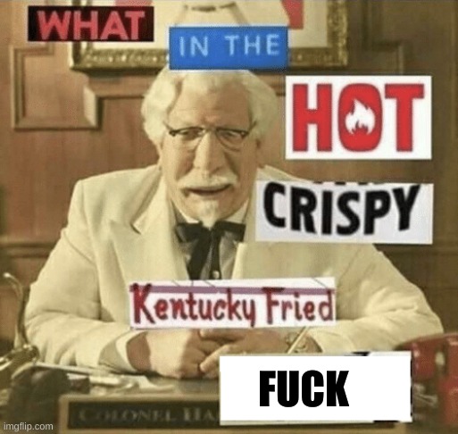 what in the hot crispy kentucky fried frick | FUCK | image tagged in what in the hot crispy kentucky fried frick | made w/ Imgflip meme maker