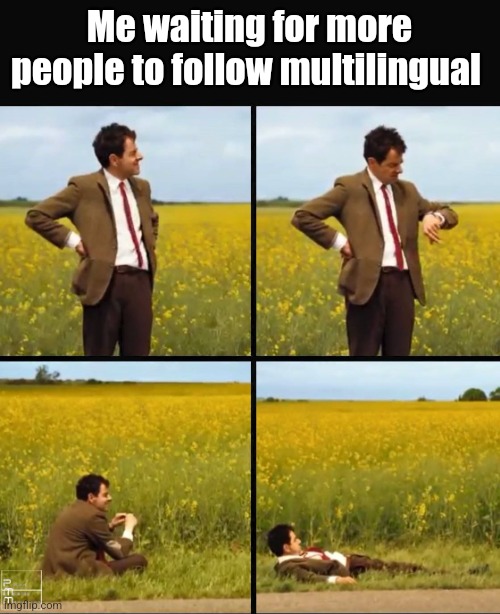 Mr bean waiting | Me waiting for more people to follow multilingual | image tagged in mr bean waiting | made w/ Imgflip meme maker