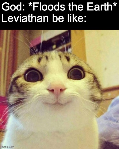 Leviathan (the creature itself not the metaphorical thing) was kinda cool | God: *Floods the Earth*
Leviathan be like: | image tagged in memes,smiling cat | made w/ Imgflip meme maker