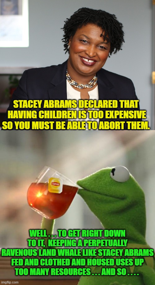 Just a pause for thought. | STACEY ABRAMS DECLARED THAT  HAVING CHILDREN IS TOO EXPENSIVE SO YOU MUST BE ABLE TO ABORT THEM. WELL . . . TO GET RIGHT DOWN TO IT,  KEEPING A PERPETUALLY RAVENOUS LAND WHALE LIKE STACEY ABRAMS FED AND CLOTHED AND HOUSED USES UP TOO MANY RESOURCES . . . AND SO . . . . | image tagged in land whale | made w/ Imgflip meme maker