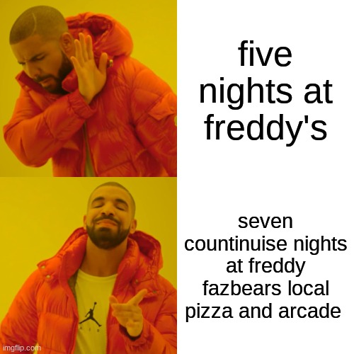 Drake Hotline Bling | five nights at freddy's; seven countinuise nights at freddy fazbears local pizza and arcade | image tagged in memes,drake hotline bling | made w/ Imgflip meme maker