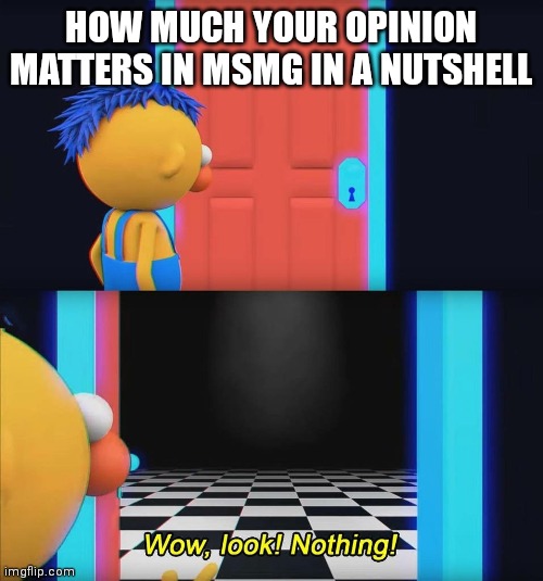 Fr | HOW MUCH YOUR OPINION MATTERS IN MSMG IN A NUTSHELL | image tagged in wow look nothing | made w/ Imgflip meme maker