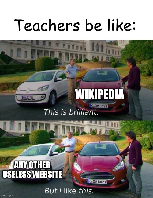 Idk why I used Comic Sans | Teachers be like:; WIKIPEDIA; ANY OTHER USELESS WEBSITE | image tagged in this is brilliant but i like this | made w/ Imgflip meme maker