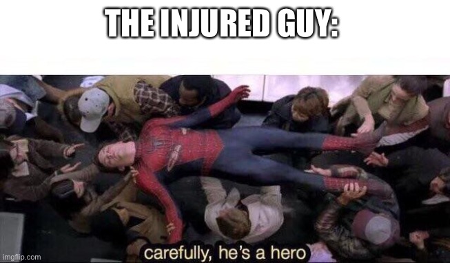 Carefully he's a hero | THE INJURED GUY: | image tagged in carefully he's a hero | made w/ Imgflip meme maker