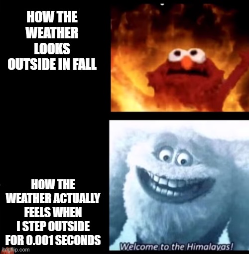 Deceiving weather |  HOW THE WEATHER LOOKS OUTSIDE IN FALL; HOW THE WEATHER ACTUALLY FEELS WHEN I STEP OUTSIDE FOR 0.001 SECONDS | image tagged in hot and cold,spooktober,memes,spooky month,funny,fall | made w/ Imgflip meme maker
