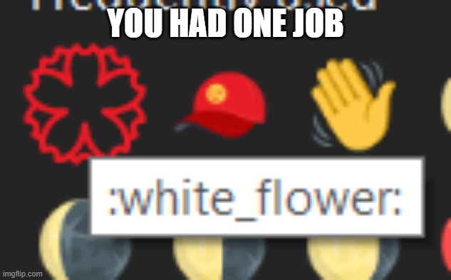 you had one job | YOU HAD ONE JOB | image tagged in you had one job,no red,white flower | made w/ Imgflip meme maker