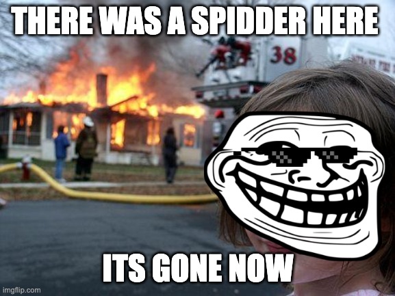 bruh | THERE WAS A SPIDDER HERE; ITS GONE NOW | image tagged in memes,disaster girl | made w/ Imgflip meme maker